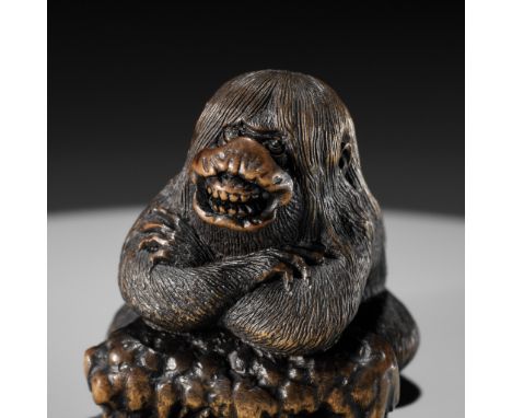 HOSHUNSAI MASAYUKI: A MASTERFUL WOOD NETSUKE OF A STRANGE KAPPA  By Hoshunsai Masayuki, signed with the artist's kakihanJapan