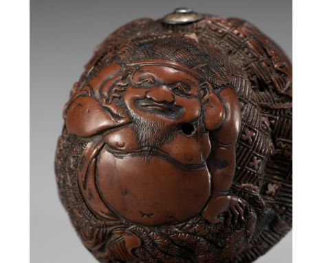 SEIGYUKEN GAHO: A VERY FINE KURUMI (WALNUT) NETSUKE OF DAIKOKU AND THREE KARAKO, DATED 1816By Seigyuken Gaho, signed Akamagas