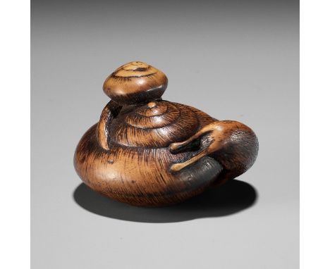 MASAKAZU: A RARE YAMADA SCHOOL WOOD NETSUKE OF TWO SNAILSBy Masakazu, signed Masakazu 正一Japan, Yamada, Ise Province, 19th cen