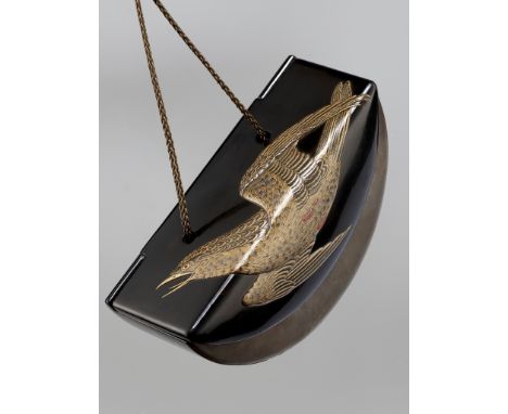 A SUPERB LACQUER TONKOTSU DEPICTING A CUCKOO SINGING IN THE MOONLIGHTUnsigned Japan, 19th century Bearing a roiro ground, sav