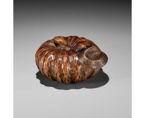 TADAKUNI: A FINE NAGOYA SCHOOL WOOD NETSUKE OF SNAKE EMERGING FROM A PUMPKINBy Tadakuni, signed Tadakuni 忠國Japan, Nagoya, mid