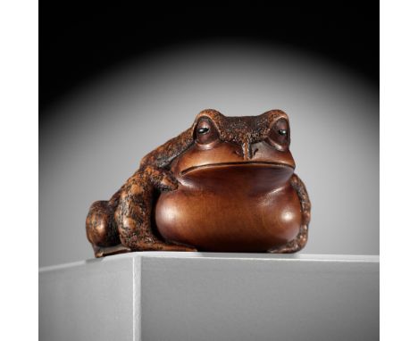 MASANAO: A WOOD NETSUKE OF A CROUCHING TOADBy a member of the Masanao family, signed Masanao 正直Japan, Yamada, Ise Province, m