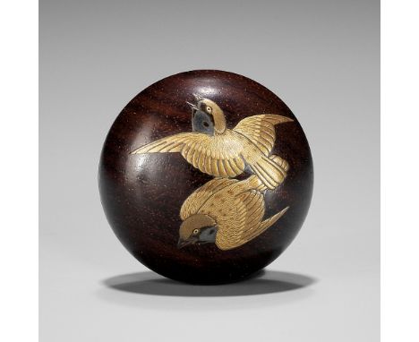 IKESHIMA YOSHINORI: A LACQUER MANJU NETSUKE DEPICTING THE TONGUE CUT SPARROWBy Ikeshima Yoshinori, signed Ikeshima Yoshinori 