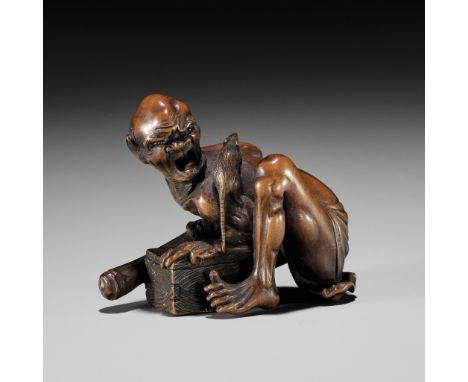 A FINE WOOD OKIMONO NETSUKE OF AN EMACIATED RAT CATCHERUnsignedJapan, second half of 19th centuryVery finely carved as a disa