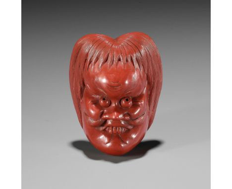 HOKEI: A MASTERFUL TSUISHU (RED LACQUER) MASK NETSUKE OF A SHOJOBy Matsuki Hokei, signed Hokei 宝桂Japan, Tokyo, late 19th cent