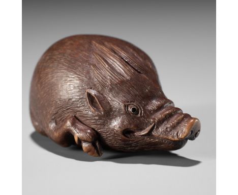 SHOTO: A SUPERB WOOD NETSUKE OF A WILD BOARBy Shoto, signed Shoto 松涛Japan, Iwashiro Province, mid-19th century, Edo period (1