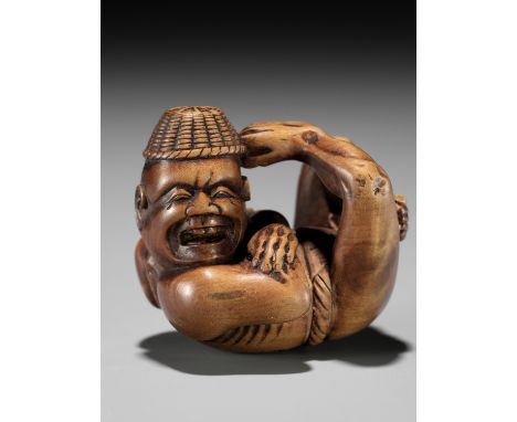 AN AMUSING EDO SCHOOL WOOD NETSUKE OF A MOXA CONTORTIONISTUnsignedJapan, Edo (Tokyo), first half of 19th century, Edo period 