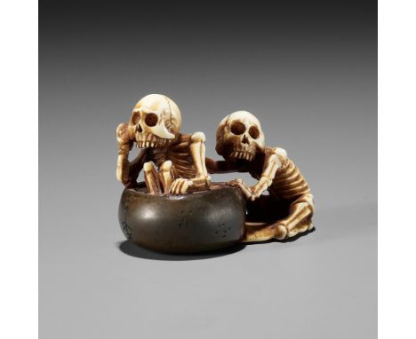 HIDEYUKI: A RARE IVORY AND LACQUER NETSUKE OF BATHING SKELETONSBy Hideyuki, signed Hideyuki 秀之Japan, Tokyo, Meiji period (186