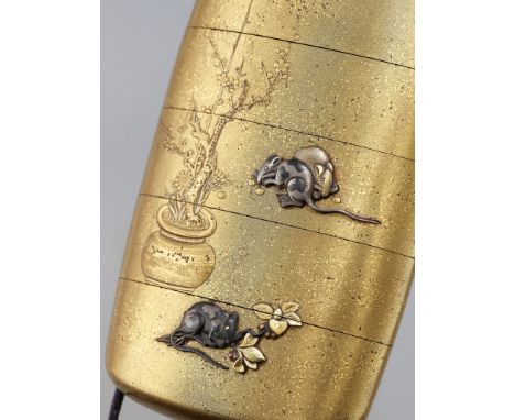 A FINE METAL-INLAID GOLD LACQUER FOUR-CASE INRO DEPICTING RATS AND HORSESUnsigned Japan, 19th centuryThe kinji ground finely 