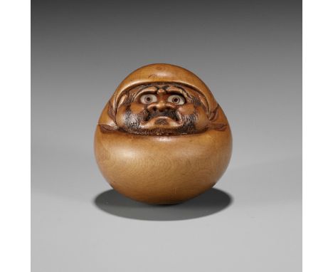 MINKO: A WOOD TRICK NETSUKE OF A DARUMA DOLLBy Tanaka Juntoku Minko (1735-1816), signed Minko 岷江 with kakihanJapan, Tsu, earl