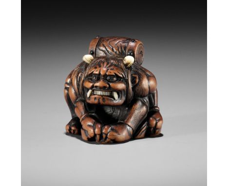 MASASADA: A POWERFUL WOOD NETSUKE OF RAIJIN WITH DRUMBy Masasada (Masakazu), signed Masakazu 昌貞Japan, probably Tanba, early 1