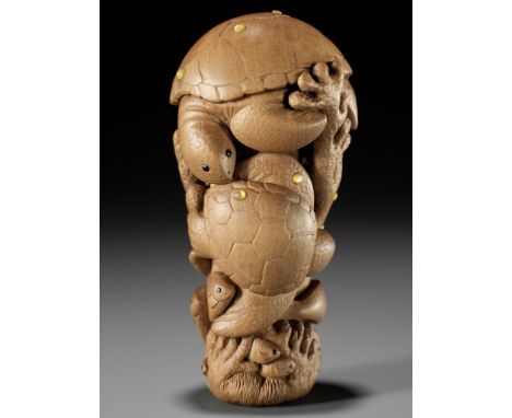 DOUG MARSDEN: AN INLAID WOOD NETSUKE OF TURTLES AND OTHER MARINE LIFE, 'PACIFIC JEWEL'By Doug Marsden (b. 1958), signed with 