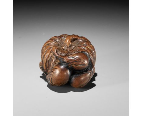 A FINE NAGOYA SCHOOL WOOD NETSUKE OF PUMPKINS AND NASUBIUnsignedJapan, Nagoya, early 19th century, Edo period (1615-1868)A be