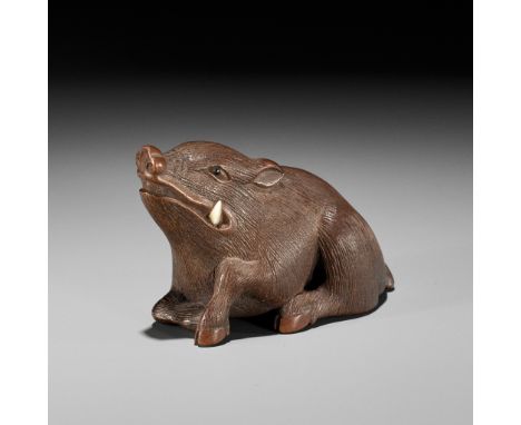 MASANAO: A FINE WOOD NETSUKE OF A RECUMBENT BOARBy a member of the Masanao family, signed Masanao 正直Japan, Yamada, Ise Provin