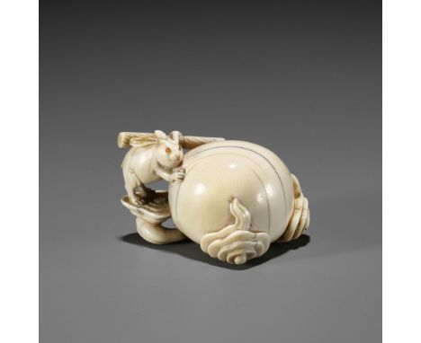 MASAHIRO: AN OSAKA SCHOOL IVORY NETSUKE OF THE LUNAR HARE  By Masahiro, signed Masahiro 正廣Japan, Osaka, mid-19th century, Edo