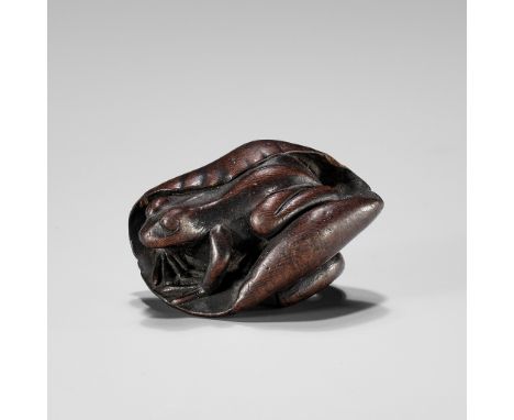 SHUGETSU: A WOOD NETSUKE OF A FROG ON A LOTUS LEAFBy Shugetsu, signed Shugetsu 秋月 and kakihanJapan, Echigo, early 19th centur