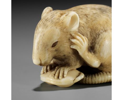 OKATOMO: A SUPERB IVORY NETSUKE OF A RAT WITH EDAMAME BEAN PODBy Yamaguchi Okatomo, signed Okatomo 岡友Japan, Kyoto, late 18th 