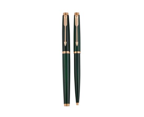 
	
		PARKER, 75 
		A MALACHITE LAQUE FOUNTAIN PEN AND ROLLER BALL PEN
		Cap and Barrel: With green hardstone effect lacquered