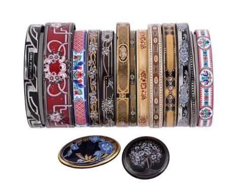 
	
		MICHAELA FREY, A COLLECTION OF BANGLES AND TWO BROOCHES 
		Comprising thirteen enamelled bangles, stamped MICHAELA FREY;