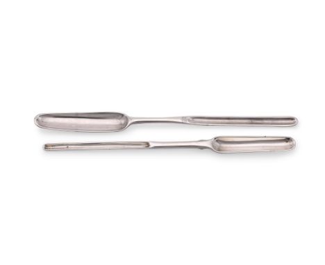 
	
		A GEORGE II SILVER MARROW SCOOP
		JAMES TOOKEY, LONDON 1758
		Engraved EEC
		23.5cm (9 1/4in) long
		Together with a Sco