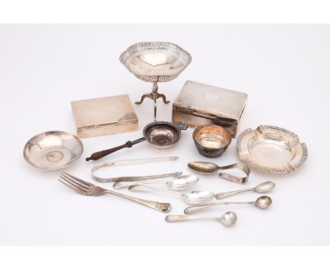 
	
		A COLLECTION OF SILVER ITEMS
		To include: a pedestal dish by Mappin &amp; Webb, Birmingham 1924, on three scroll feet, 