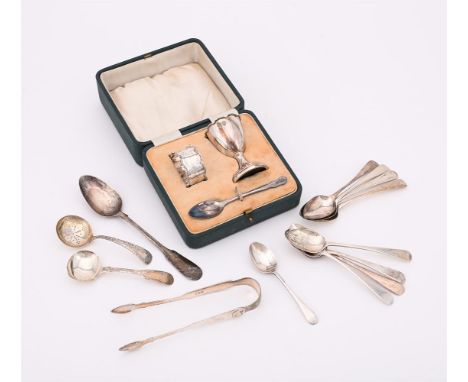 
	
		A COLLECTION OF SILVER ITEMS
		To include: a cased three piece christening set, Birmingham 1947; a George III fiddle pat