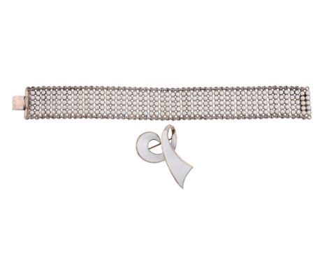 
	
		EINAR MODAHL, A WHITE ENAMELLED BRACELET AND BROOCH JEWELLERY 
		The bracelet composed of panels each with two rows of w
