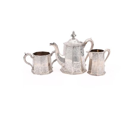 
	
		Y&nbsp;A VICTORIAN SILVER TAPERING OCTAGONAL TEA POT AND CREAM JUG
		ROBERT HENNELL III, LONDON 1848
		The tea pot with 