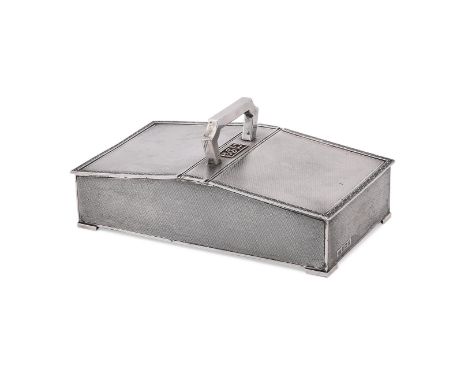 
	
		A SILVER TWIN ENDED FORM CIGARETTE BOX
		MAPPIN &amp; WEBB, BIRMINGHAM 1930
		With a loop handle, a foliate swag border,