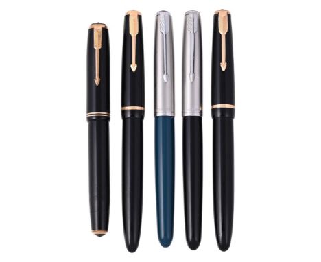 
	
		PARKER, A COLLECTION OF FIVE PARKER FOUNTAIN PENS
		To include: 
		PARKER, DUOFOLD
		A VINTAGE BLACK FOUNTAIN PEN
		Cap 