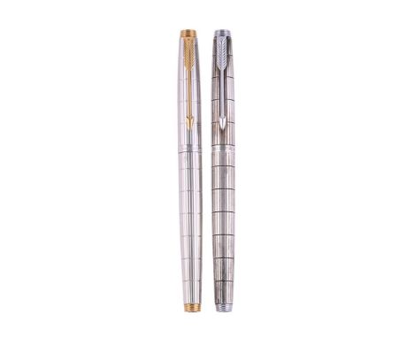 
	
		PARKER, 75  
		ARGENT MASSIF, AND ARGENT MASSIF CLUB, TWO SILVER COLOURED FOUNTAIN PENS
		Cap and Barrel: With striated 