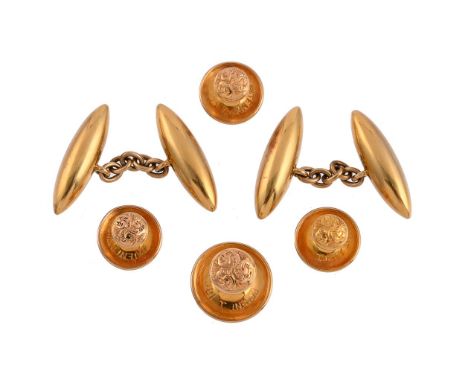 
	
		A VICTORIAN GOLD CUFFLINK AND STUD SET
		CIRCA 1890
		The cufflinks with polished tonneau shaped panels with belcher lin