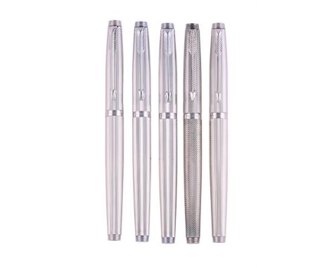 
	
		PARKER, 75 
		FIVE FOUNTAIN PENS 
		Cap and Barrel: With striated caps and barrels, one with engine turned cap and barre
