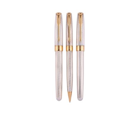 
	
		PARKER, SONNET 
		A SILVER COLOURED FOUNTAIN PEN, PENCIL AND ROLLER BALL PEN
		Cap and Barrel: With silver coloured chev