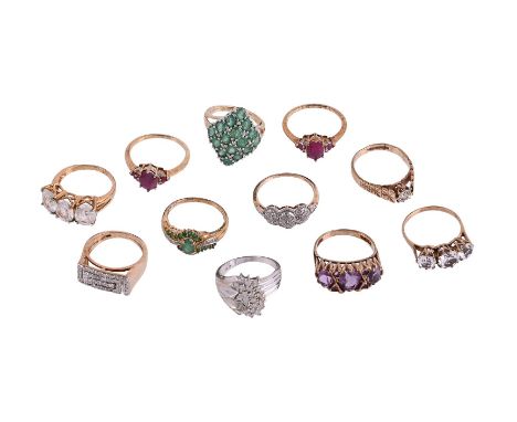 
	
		A COLLECTION OF TEN 9 CARAT GOLD RINGS SET WITH VARIOUS STONES
		The various rings set with small diamonds, amethysts, e