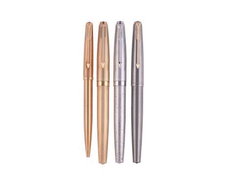 
	
		PARKER, 61 
		THREE FOUNTAIN PENS
		Cap and Barrel: Two with engine turned caps and barrels, one brushed steel barrel, a