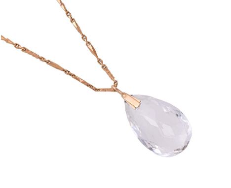 
	
		A ROCK CRYSTAL PENDANT ON A GOLD COLOURED CHAIN
		The briolette rock crystal drop suspended from a fancy textured bar li