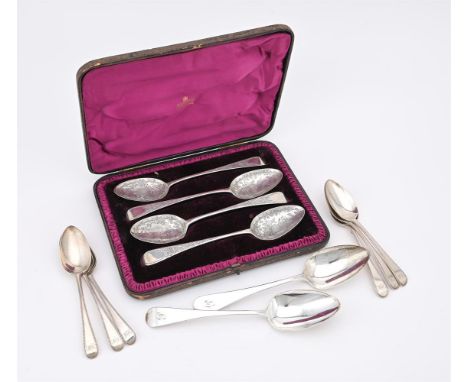 
	
		A COLLECTION OF SILVER SPOONS
		To include: a cased set of four matched George III silver old English pattern table spoo