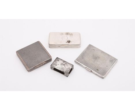 
	
		FOUR SMALL SILVER ITEMS
		To include: a late Victorian rectangular snuff box by Maurice Freeman, London 1900, with engin