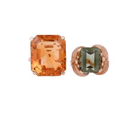 
	
		A CITRINE DRESS RING AND A GREEN QUARTZ DRESS RING
		The rectangular mixed cut citrine in a gold coloured setting, with 