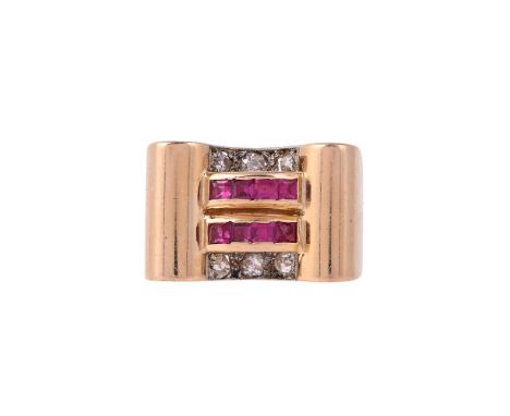 
	
		A RETRO DIAMOND AND SYNTHETIC RUBY DRESS RING 
		CIRCA 1940
		The broad undulating panel with two rows of channel set st
