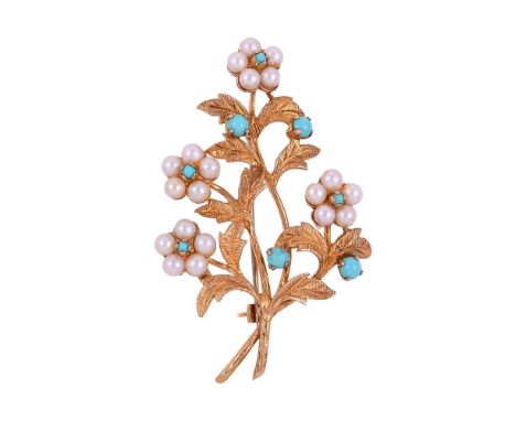 
	
		A 9 CARAT GOLD, CULTURED PEARL AND TURQUOISE FLORAL SPRAY BROOCH  
		LONDON 1972
		The flower heads with cultured pearls