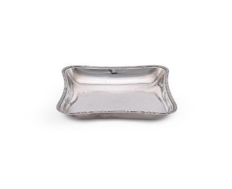 
	
		A FRENCH SILVER COLOURED SHAPED SQUARE DISH
		MAKER'S MARK OBSCURED, MINERVA MARK
		With a reed and stitch border
		19cm
