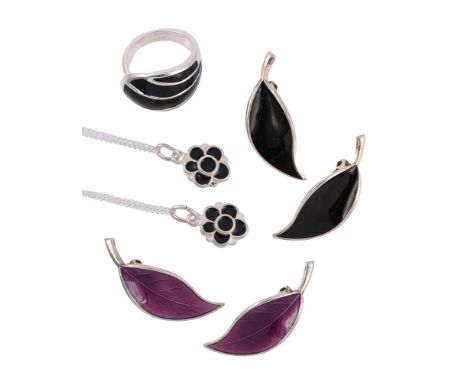 
	
		DAVID ANDERSEN, A SMALL COLLECTION OF ENAMELLED JEWELLERY
		Comprising a pair of purple enamelled leaf ear clips, stampe