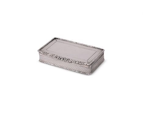 
	
		A GEORGE IV SILVER RECTANGULAR SNUFF BOX
		FRANCIS CLARK, BIRMINGHAM 1827
		With a chased foliate border and thumb piece
