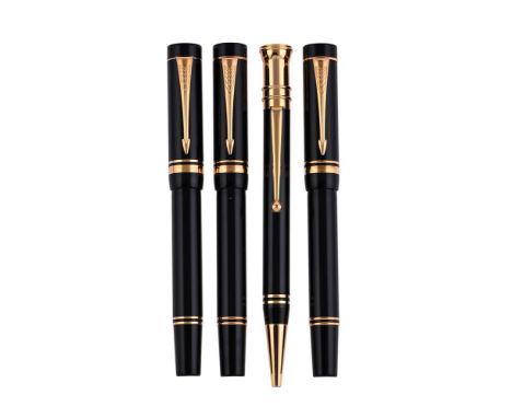 
	
		PARKER, DUOFOLD, INTERNATIONAL
		TWO FOUNTAIN PENS, A ROLLER BALL AND A PROTOTYPE BALL POINT PEN
		Cap and Barrel: With 