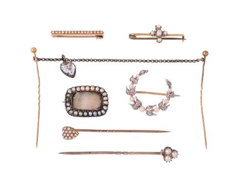 
	
		A SMALL COLLECTION OF ANTIQUE JEWELLERY
		Comprising a 1920s eight cut diamond and graduated seed pearl set foliate cres