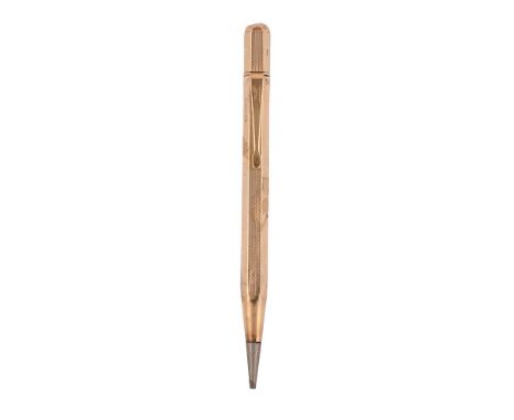 
	
		S J ROSE, AN 18 CARAT GOLD PENCIL 
		LONDON 1959
		The pencil with engine turned barrel, makers mark SJR, the clip stamp