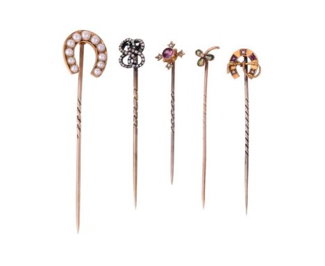 
	
		FIVE LATE VICTORIAN/EDWARDIAN STICK PINS 
		The first a lovers knot, circa 1880, set with rose cut diamonds, stamped wit