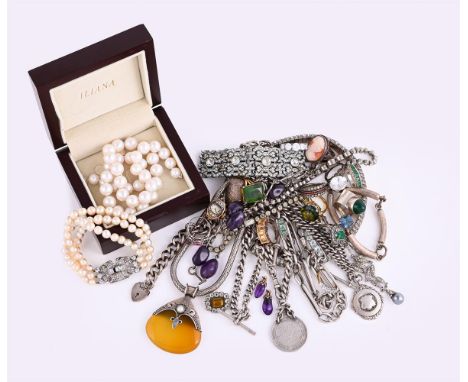 
	
		A COLLECTION OF SILVER AND PASTE JEWELLERY
		To include a silver curb link Albert chain, Birmingham 1893, suspending a o